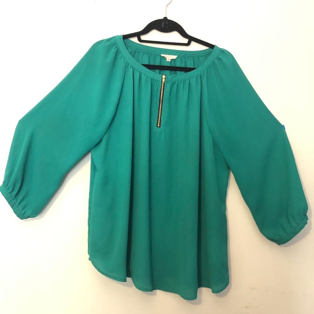 Crescent zipper-accent teal top, size 1X, peasant style